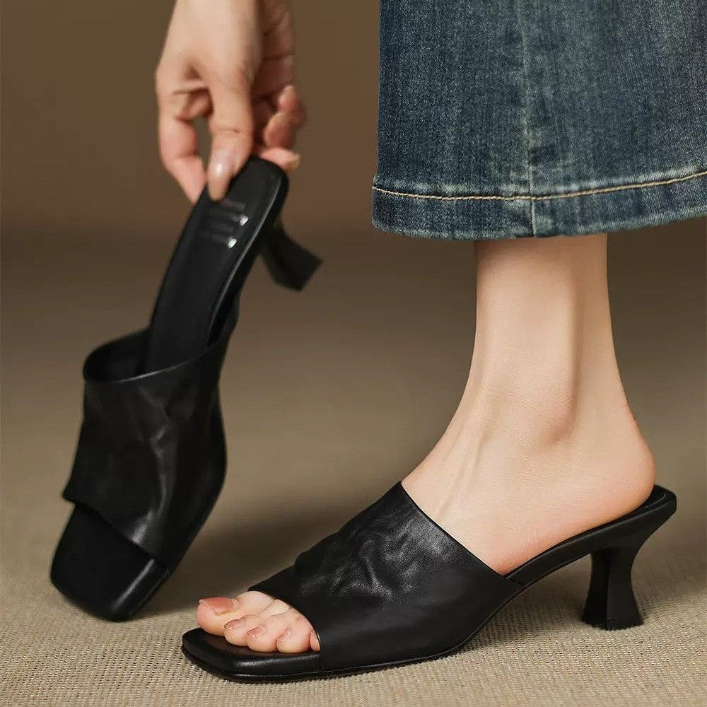Veda Genuine Leather Open-Toe Mule Heels