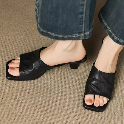 Veda Genuine Leather Open-Toe Mule Heels